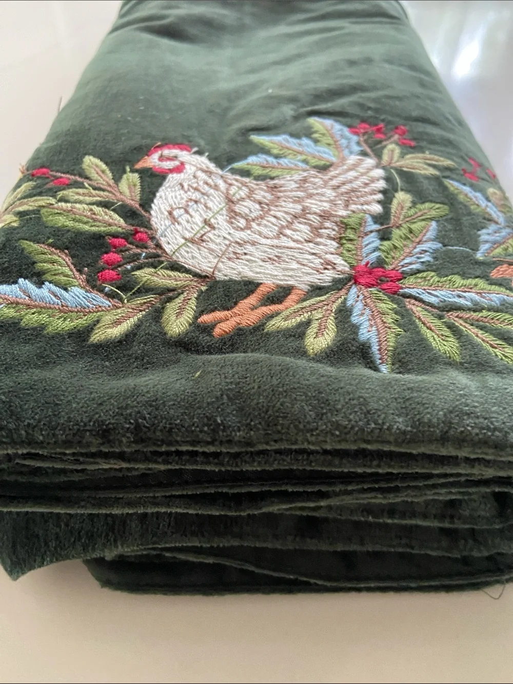 Embroidered Velvet Table Runner in Deep Forest Green.. pottery barn runner